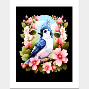 Cute Tufted Titmouse Surrounded by Vibrant Spring Flowers Posters and Art